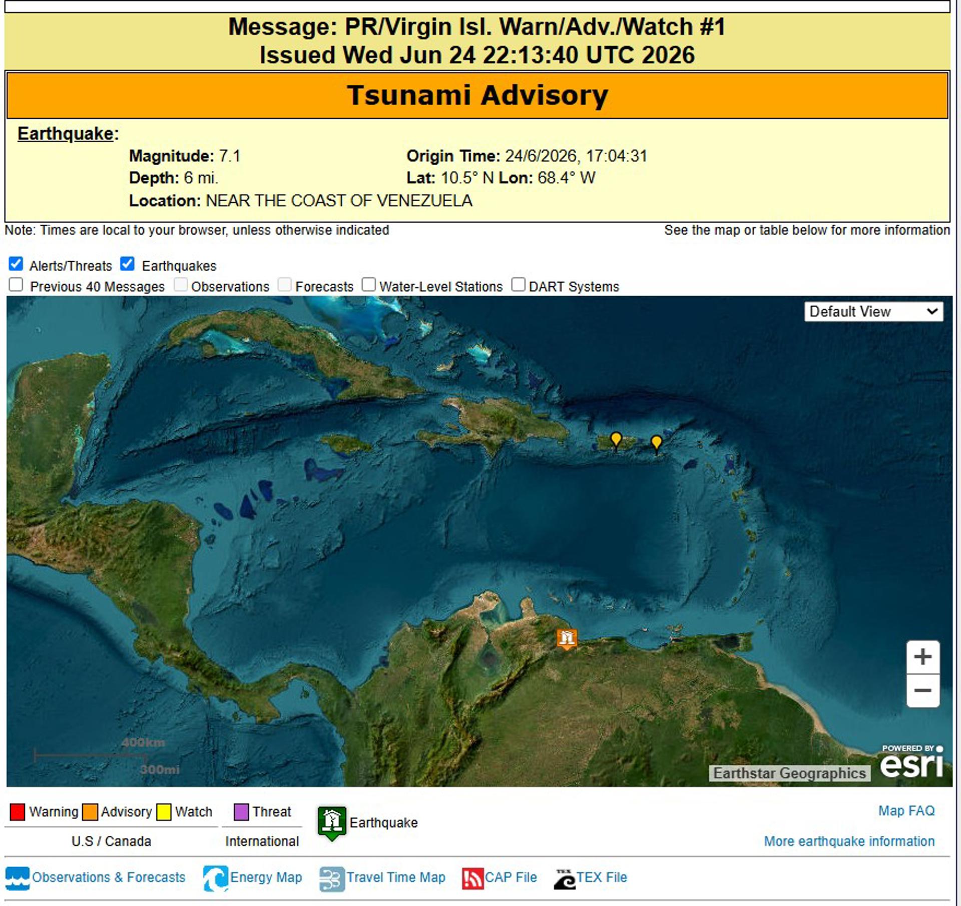EEUU emite un aviso de tsunami para parte del Caribe tras un sismo en Venezuela
